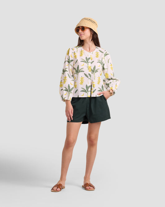 Women's Puff Sleeve Blouse With A Hand-Drawn Banana Palm Print