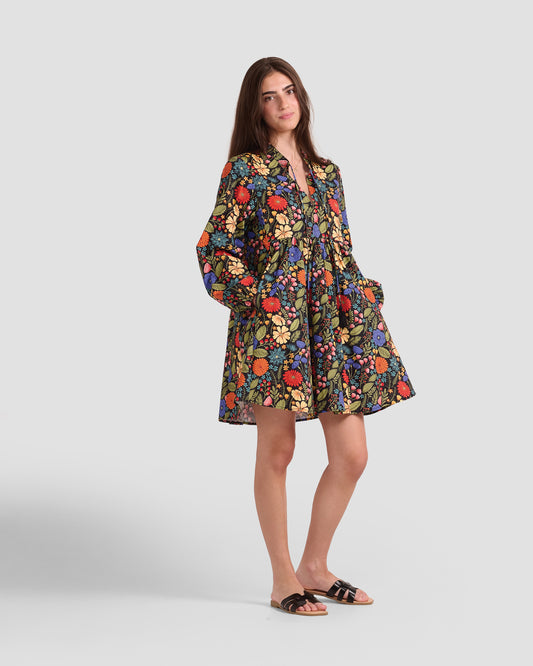 Floral Gallery Printed Boho Puff Sleeve Mini Dress With Pockets