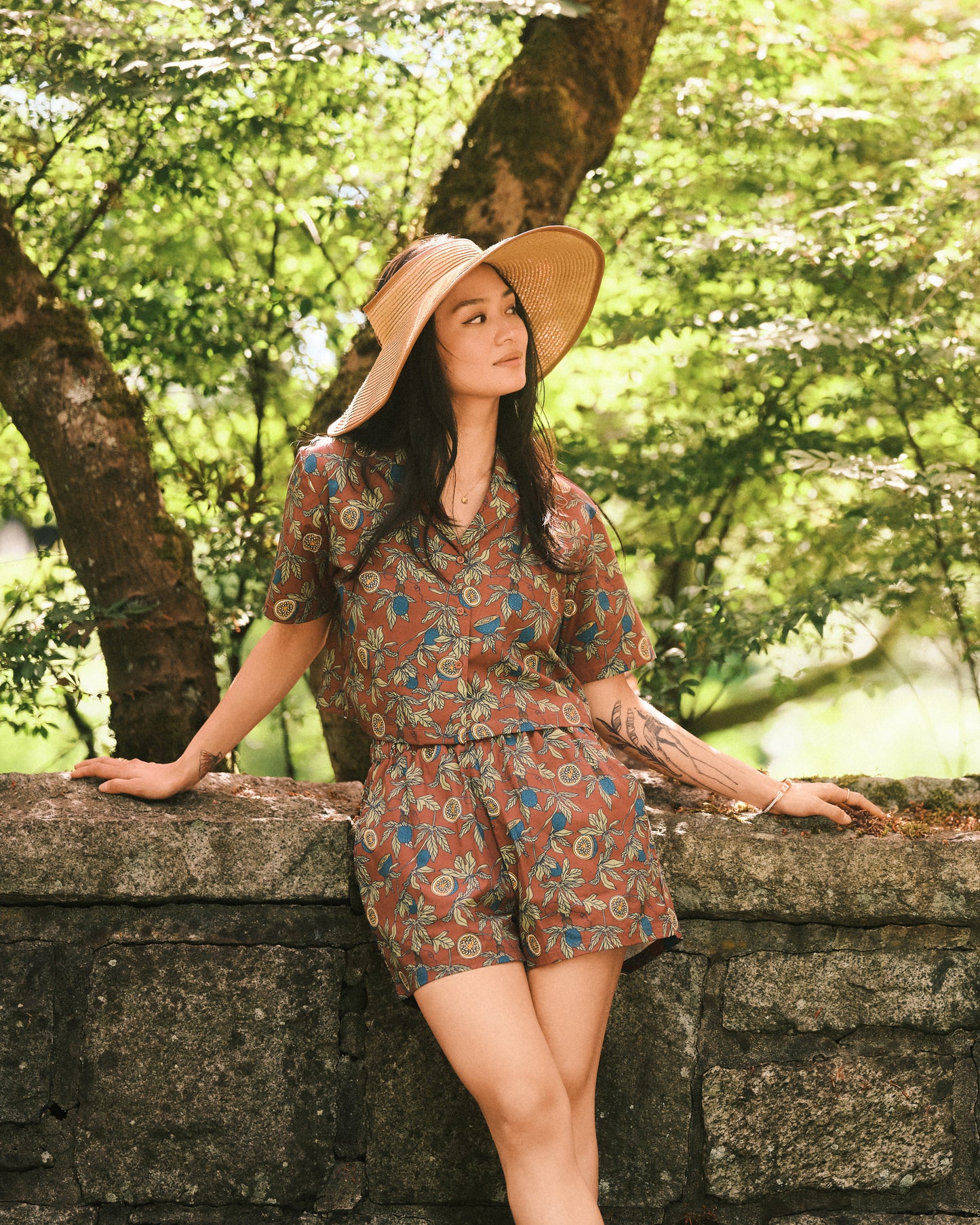 Women's Passionfruit Terracotta Print Oversized Cropped Shirt