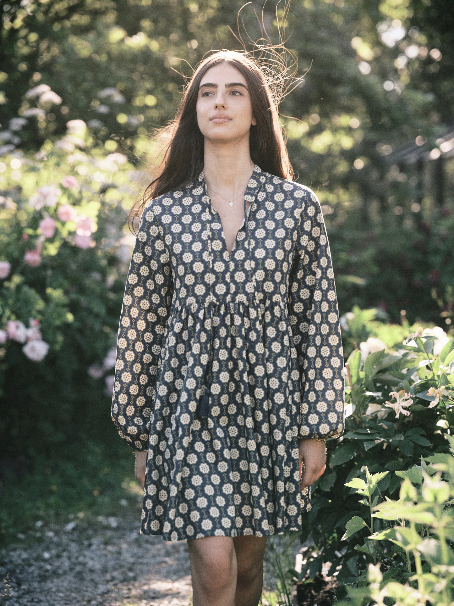 Spanish Tile Printed Boho Puff Sleeve Mini Dress With Pockets