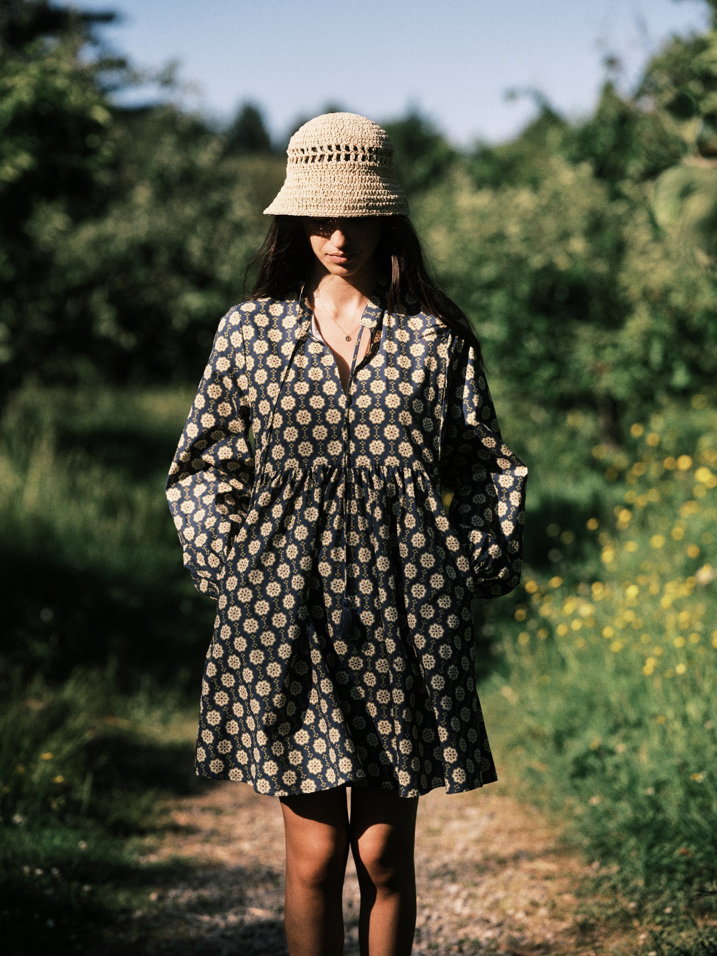 Spanish Tile Printed Boho Puff Sleeve Mini Dress With Pockets