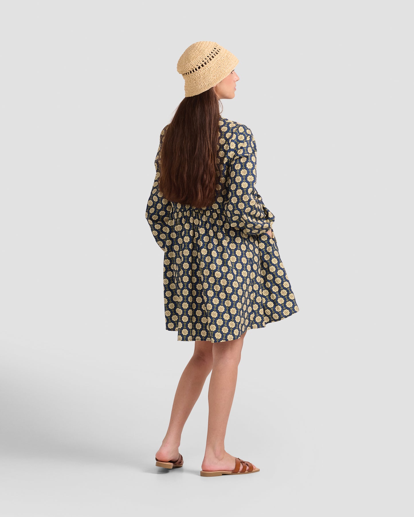 Spanish Tile Printed Boho Puff Sleeve Mini Dress With Pockets