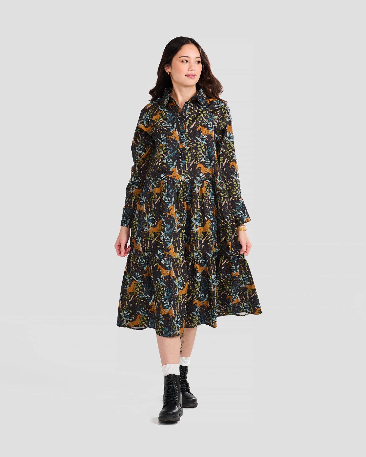 Wild Horses Printed Flared Pocket Shirt Dress