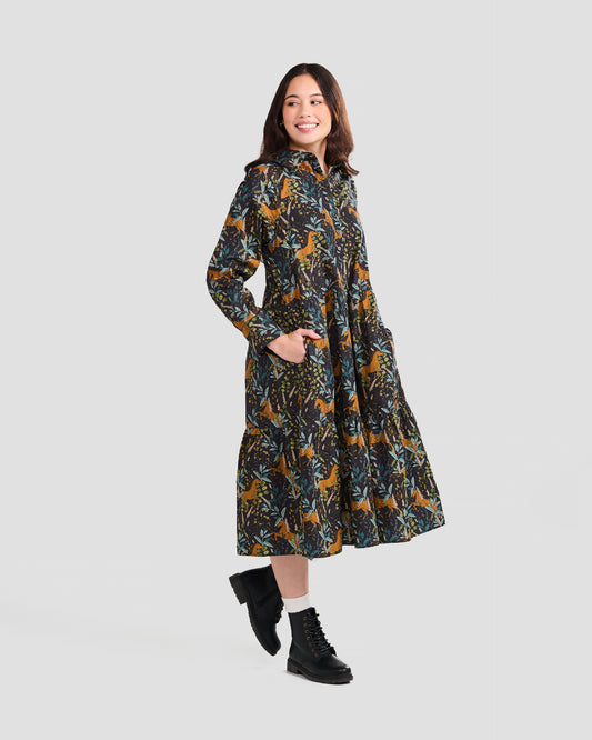 Wild Horses Printed Flared Pocket Shirt Dress