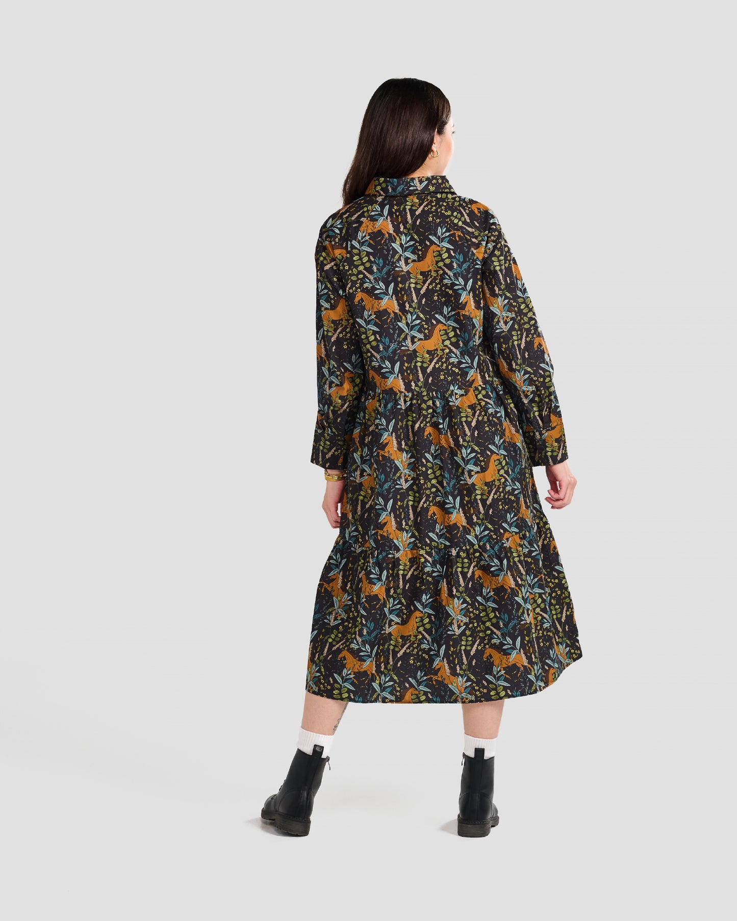 Wild Horses Printed Flared Pocket Shirt Dress