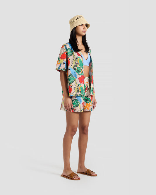 Women's Exotic Birds Print Oversized Camp Shirt