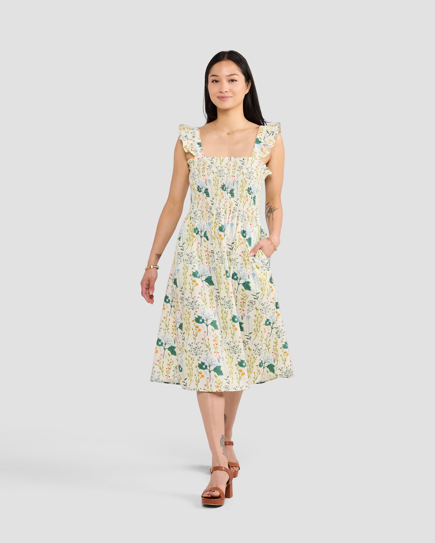 Beige Botany Print Cotton Smock Dress