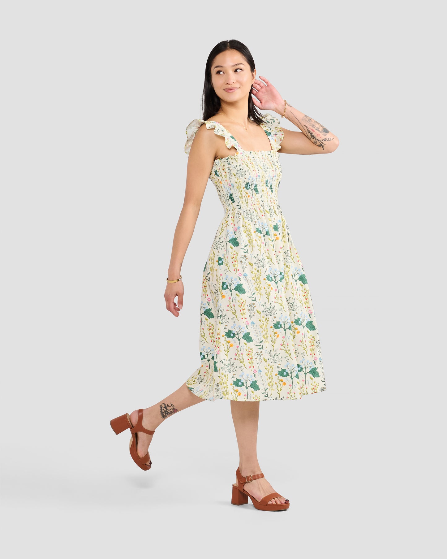 Beige Botany Print Cotton Smock Dress