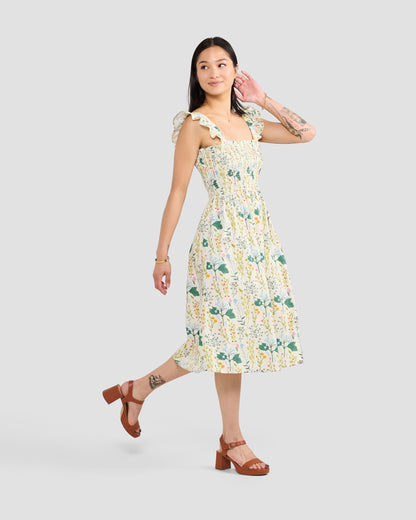 Beige Botany Print Cotton Smock Dress