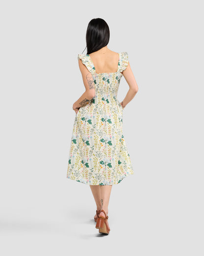 Beige Botany Print Cotton Smock Dress