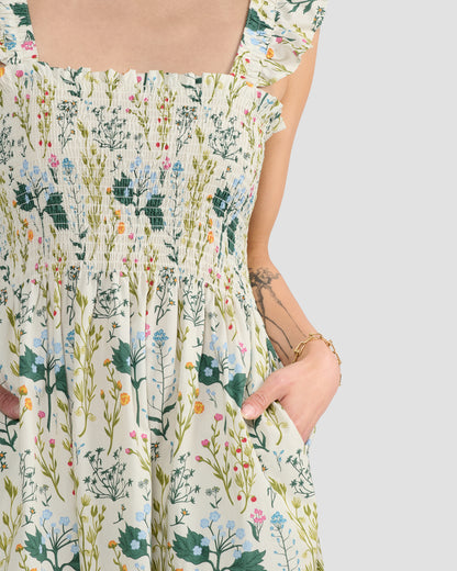 Beige Botany Print Cotton Smock Dress