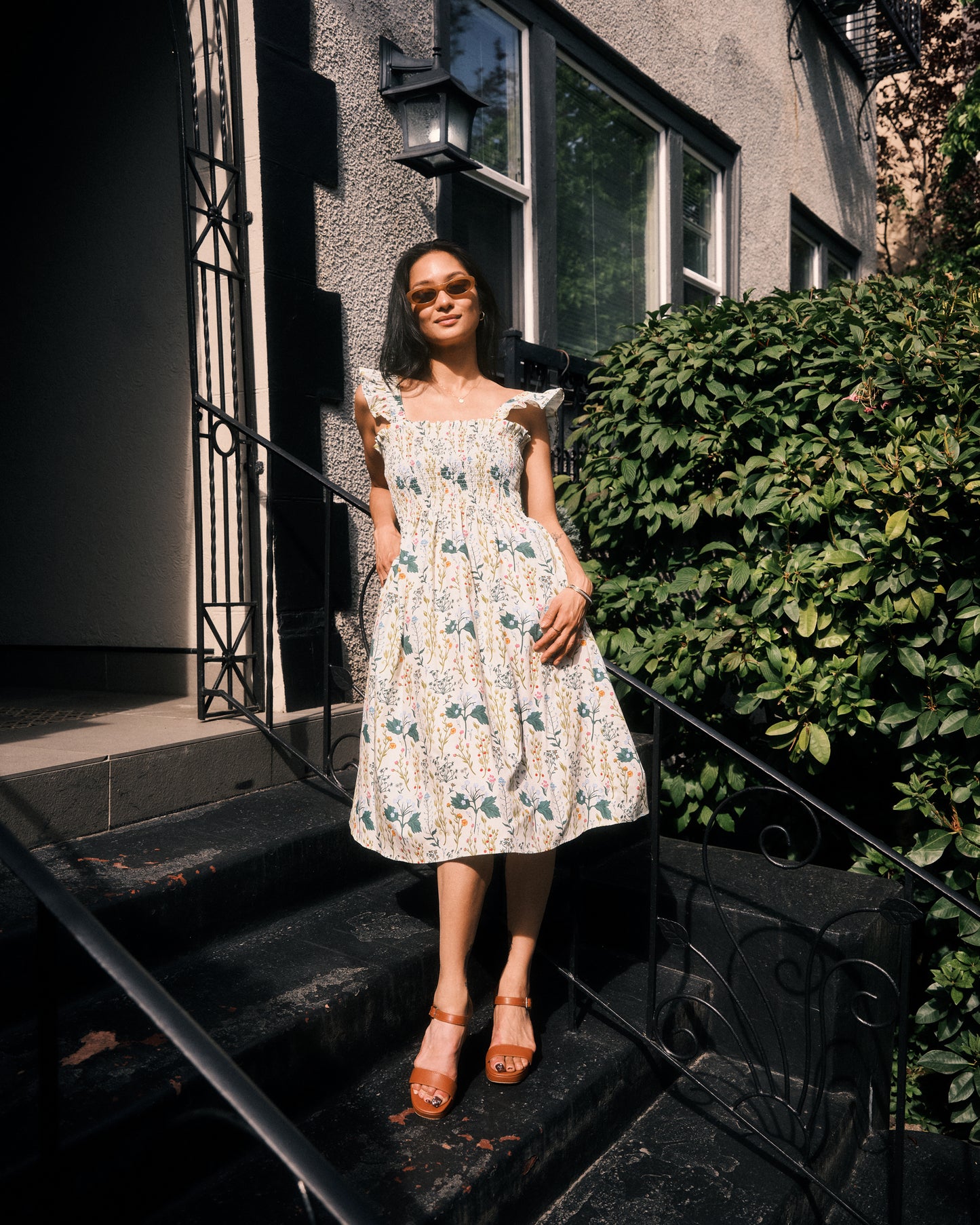 Beige Botany Print Cotton Smock Dress
