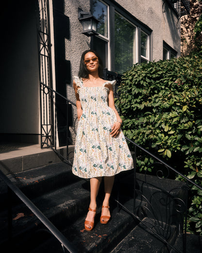 Beige Botany Print Cotton Smock Dress