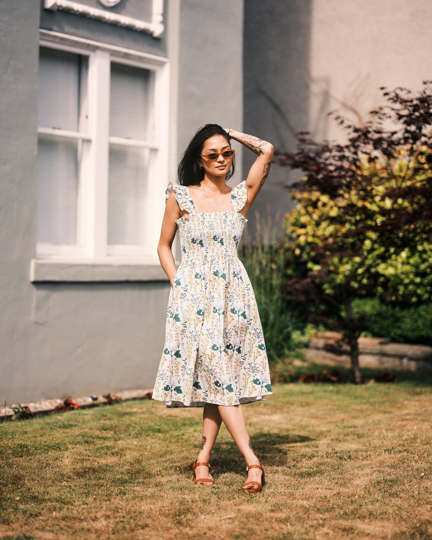 Beige Botany Print Cotton Smock Dress