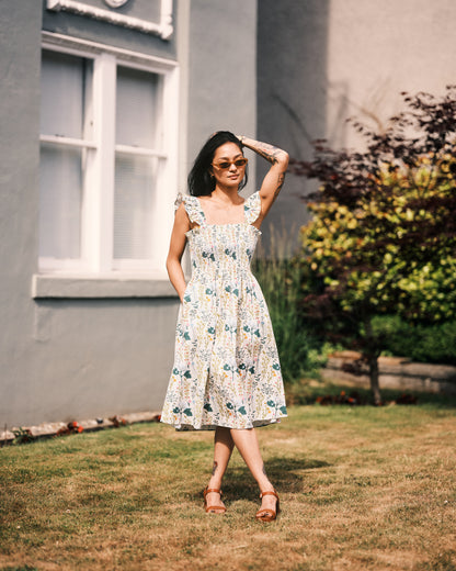 Beige Botany Print Cotton Smock Dress