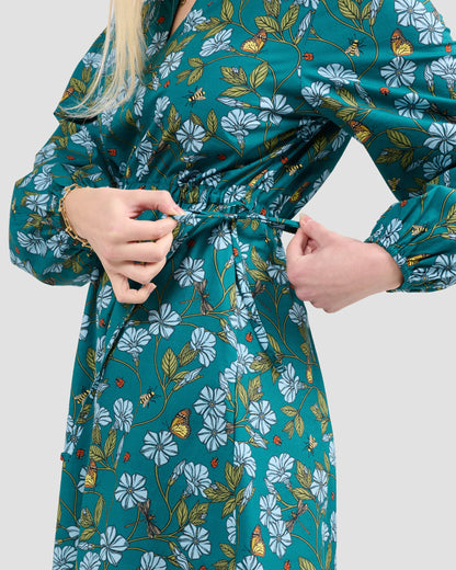 Flora in Flight Printed Adjustable Waist Midi Dress With Pockets