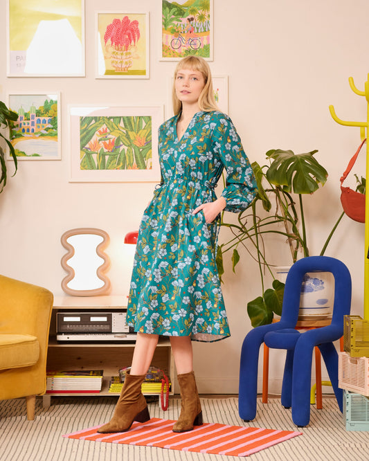 Flora in Flight Printed Adjustable Waist Midi Dress With Pockets