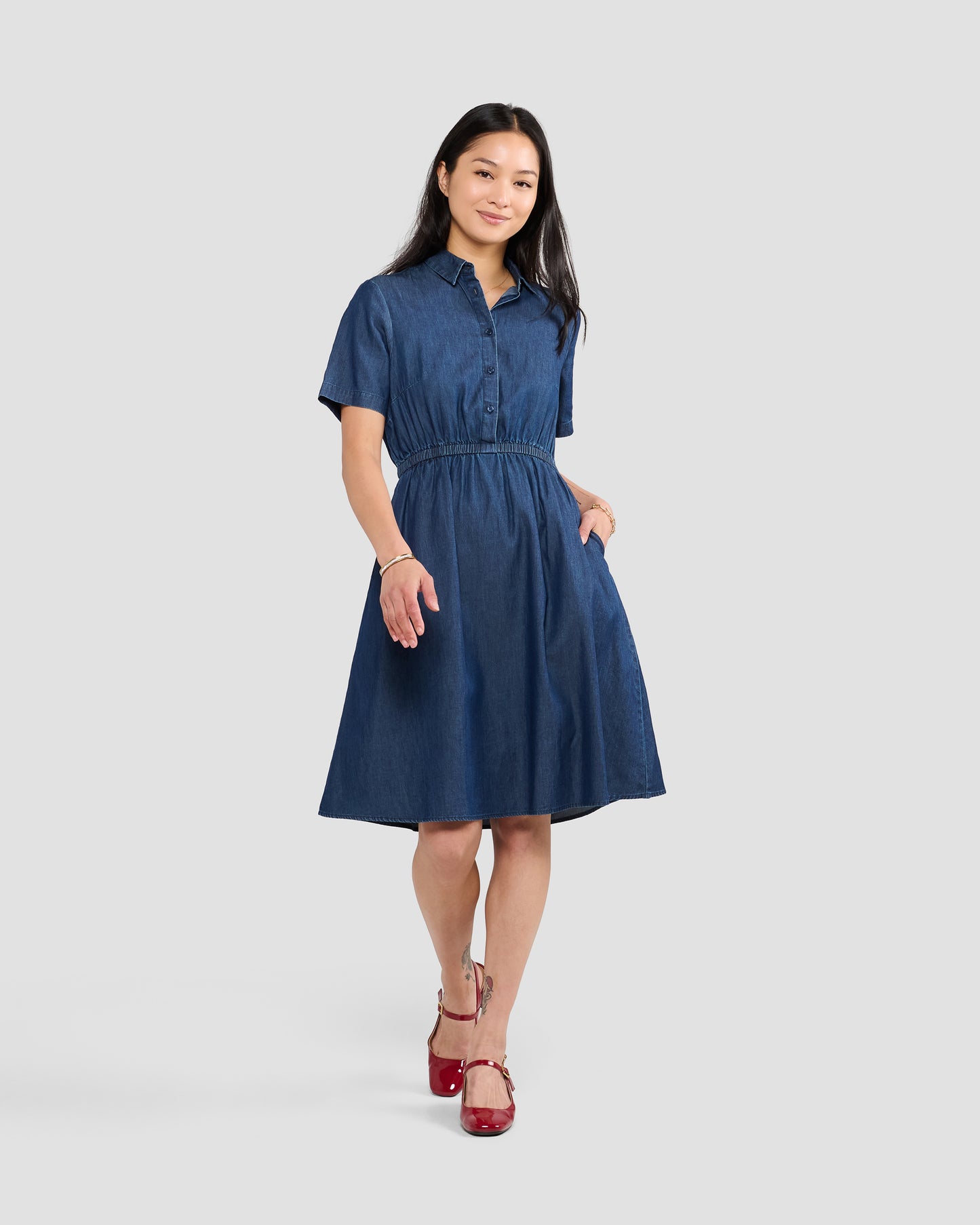 Cotton Chambray Pocket Shirt Dress