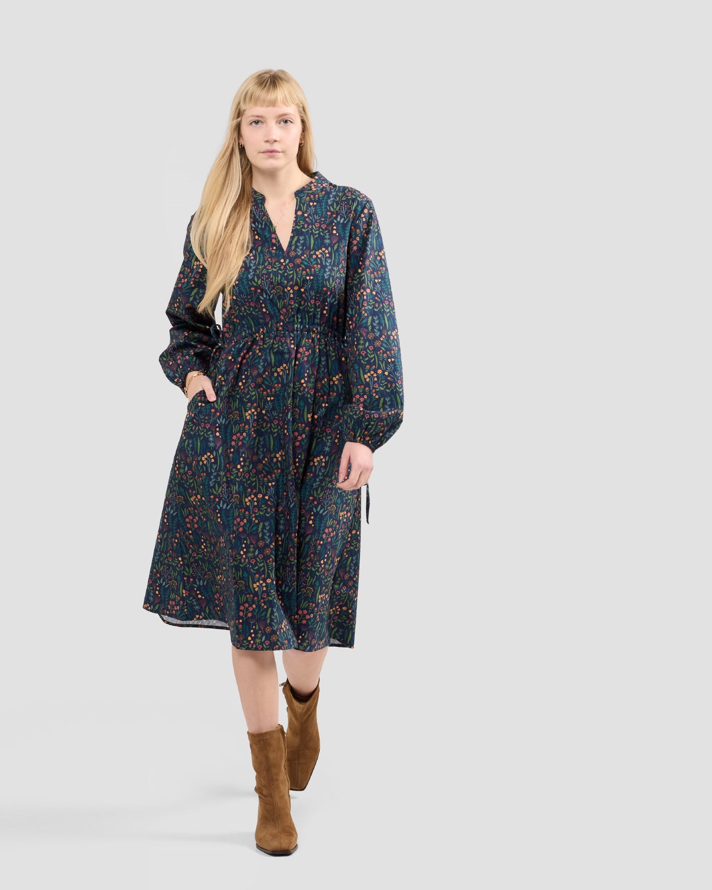 Floral Range Printed Adjustable Waist Midi Dress With Pockets