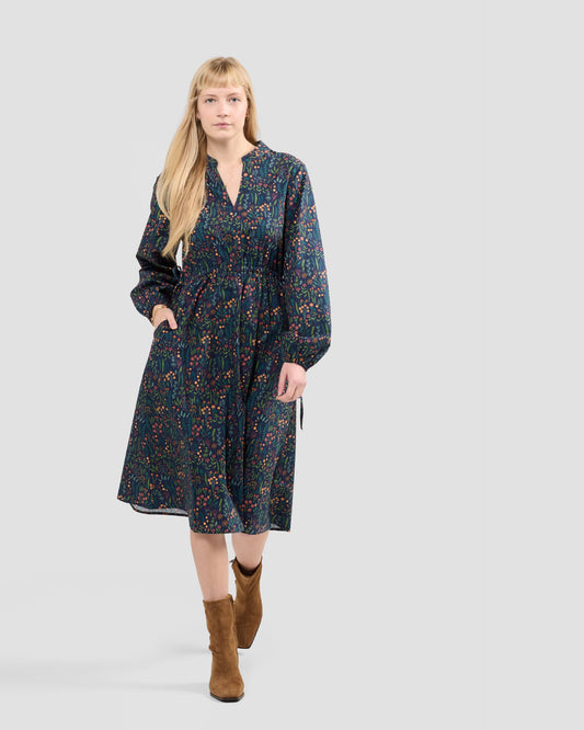 Floral Range Printed Adjustable Waist Midi Dress With Pockets