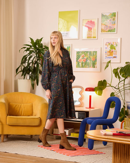 Floral Range Printed Adjustable Waist Midi Dress With Pockets