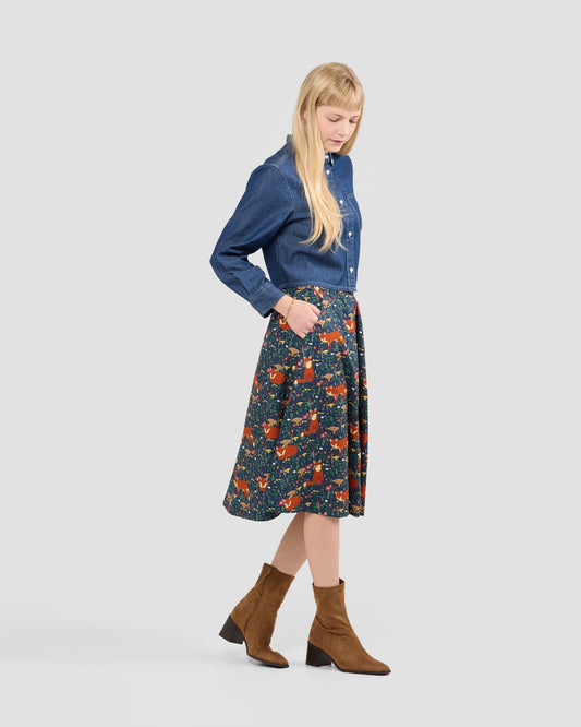 Women's Forest Fox Print Midi Pocket Skirt