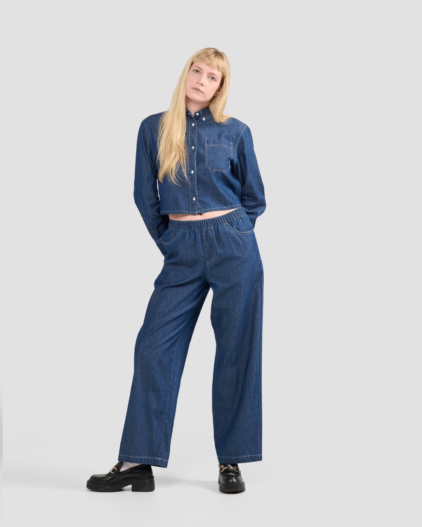 Women's Chambray Denim Cropped Button Down Shirt