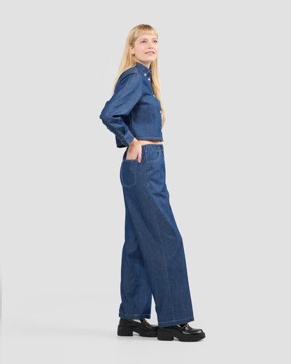 Women's Chambray Denim Cropped Button Down Shirt