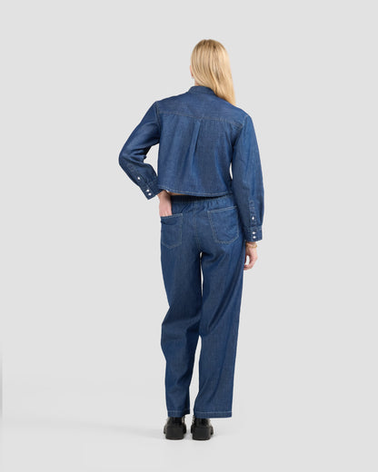 Women's Chambray Denim Cropped Button Down Shirt