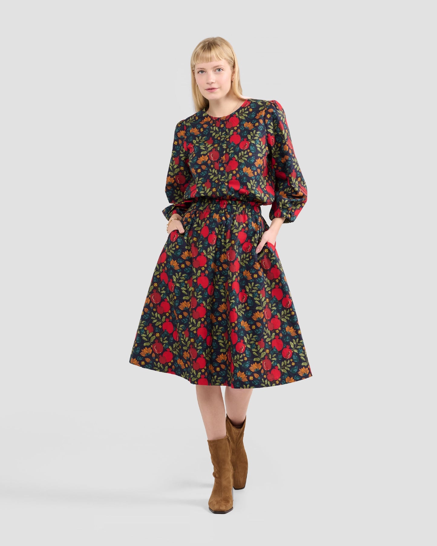 Women's Pomegranates Print Midi Pocket Skirt