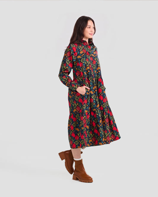 Pomegranates Printed Flared Pocket Shirt Dress