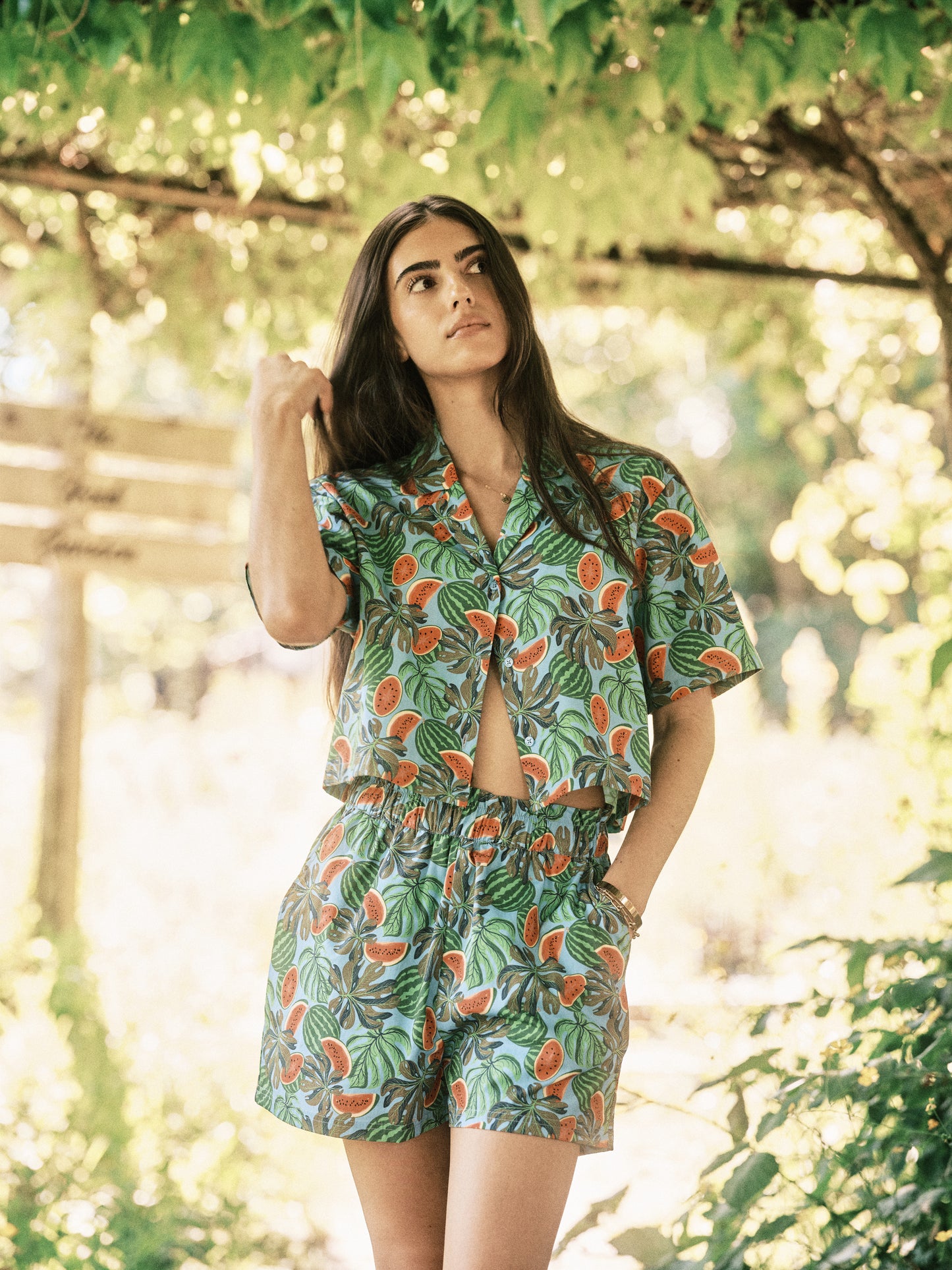 Women's Watermelon Print Oversized Cropped Shirt