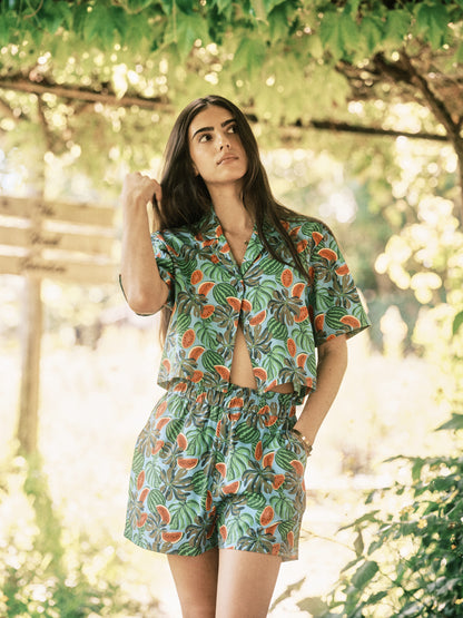 Women's Watermelon Print Oversized Cropped Shirt