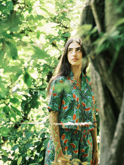 Women's Watermelon Print Oversized Cropped Shirt