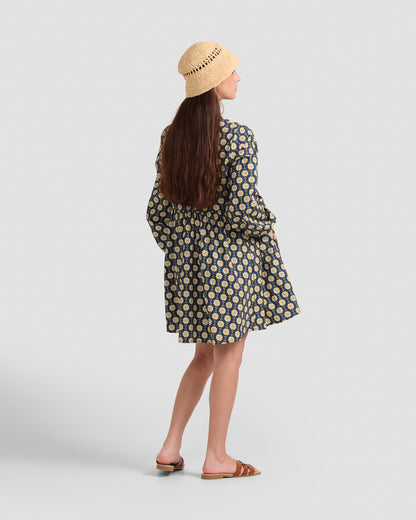 Spanish Tile Printed Boho Puff Sleeve Mini Dress With Pockets
