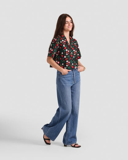 Women's Strawberry Fields Print Oversized Cropped Shirt