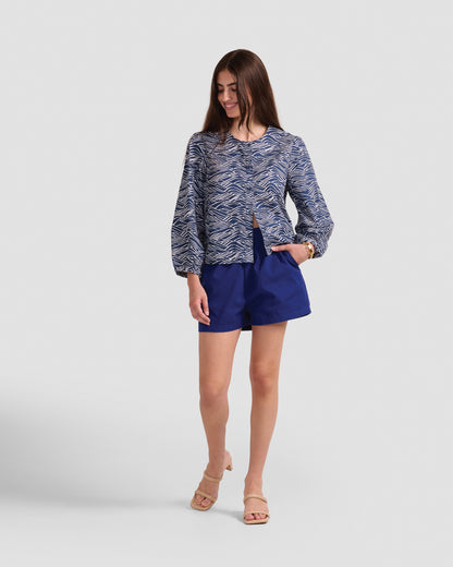 Women's Puff Sleeve Blouse With A Hand-Drawn Big Waves Print