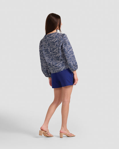 Women's Puff Sleeve Blouse With A Hand-Drawn Big Waves Print