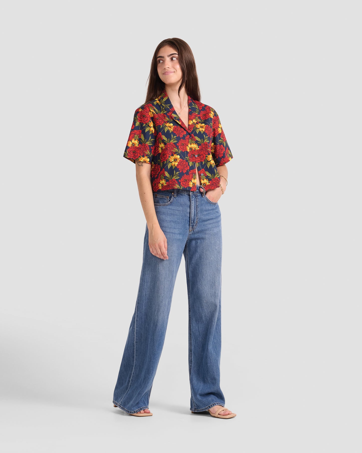 Women's Wild Peonies Print Oversized Cropped Shirt