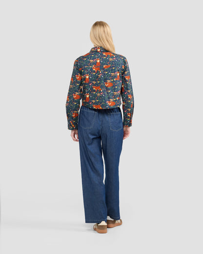 Women's Forest Fox Print Cropped Button Down Shirt