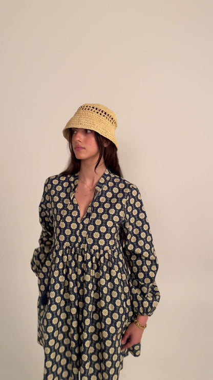 Spanish Tile Printed Boho Puff Sleeve Mini Dress With Pockets